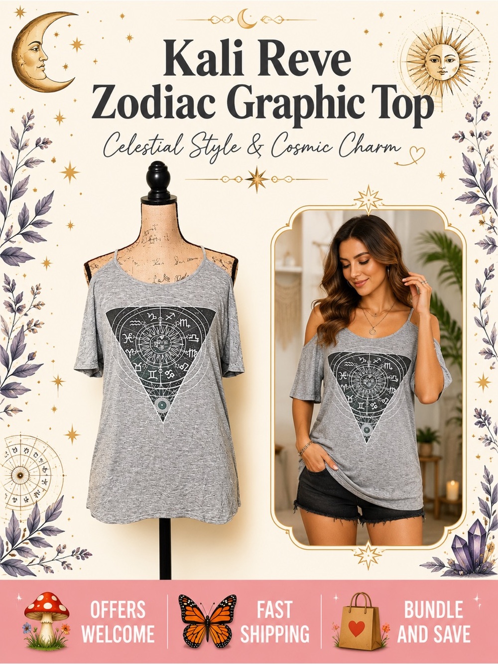 Kali Reve Los Angeles Zodiac Graphic Cold Shoulder Top Gray Astrology Tee